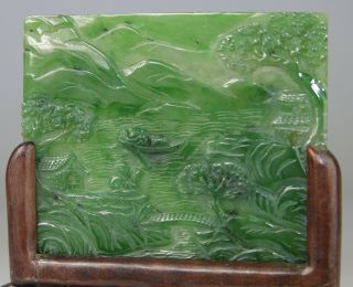 ANTIQUE CHINESE SPINACH JADE CARVED PLAQUE LANDSCAPE WOOD STAND - REPUBLIC 20TH 3
