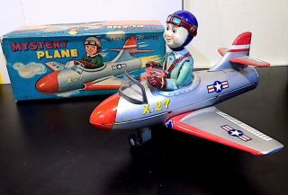 Vintage Rare Tin Battery Operated Mystery Plane X.  27,  Nomura Toys,  Japan,  Exib