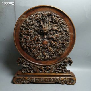 A Old Chinese Boxwood Wood Hand Carved Dragon Beads Phoenix Screen Byobu Statue.