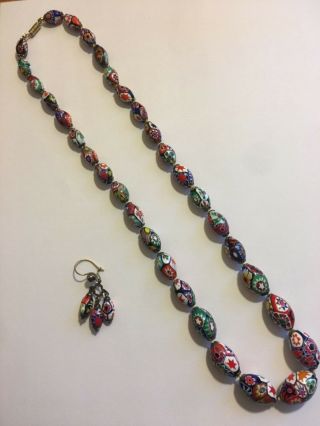 Vintage Millefiori Glass Bead Necklace Long Oval Art Glass