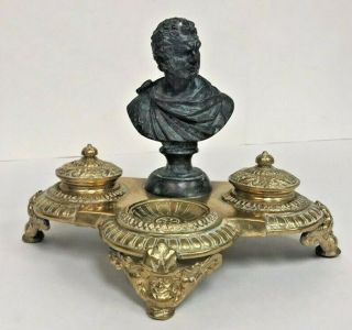 Sm022: Brass Inkwell With Lids And Patinaed Bust By Maitland - Smith