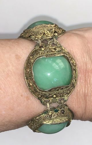 Antique Chinese Silver Filigree Jade Jadeite Bracelet