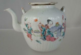 Antique Chinese 19th Century Famille Rose Porcelain Boys Garden Teapot Marked