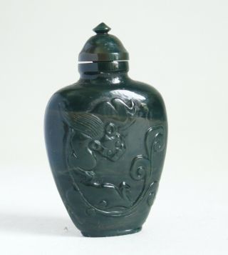 Fine Antique Chinese Carved Green Hardstone Snuff Bottle C.  1900