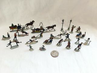 24 Antique Christmas German Lead Flat Miniature Toy Figures Winter Skating Scene