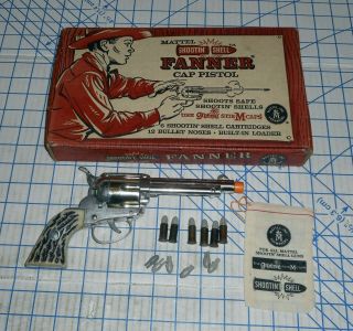 Vintage 1958 Mattel Shootin’ Shell Fanner 9” Cap Pistol W/box Bullets & Bag Vg,