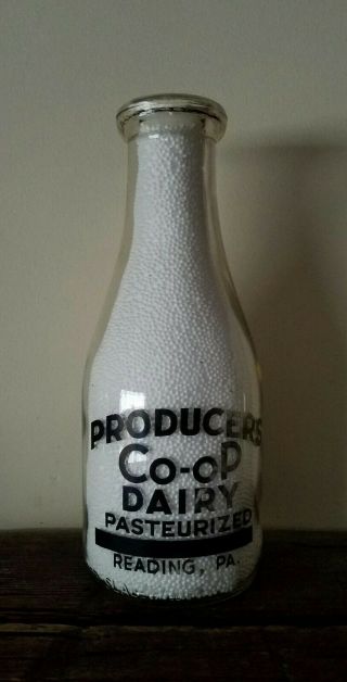 Vintage,  Producers Co - Op Dairy Pasteurized Quart Milk Bottle Reading,  Pa.