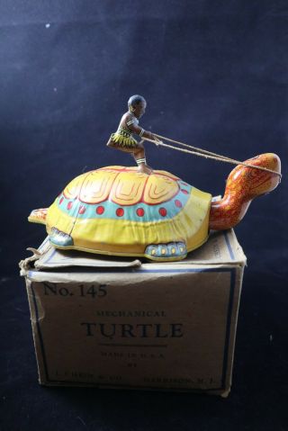 1930s J.  Chein 145 Native On Turtle Tin Litho Wind Up Toy Brilliant