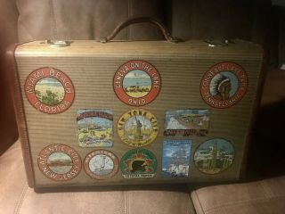 Vintage Luggage Suitcase 1950s 1960s Leather Bound With Travel Stickers