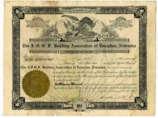 The I O O F Building Association Of Doniphan Nebraska 1909 Stock Certificate