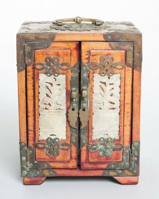 Antique Chinese Locking Jewelry Box Wood/bronze Carved Soapstone Inlay 7 " Tall