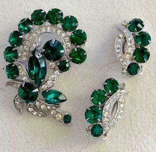 Eisenberg Ice Vintage Brooch Earrings Emerald Green & Ice Rhinestone Ribbons