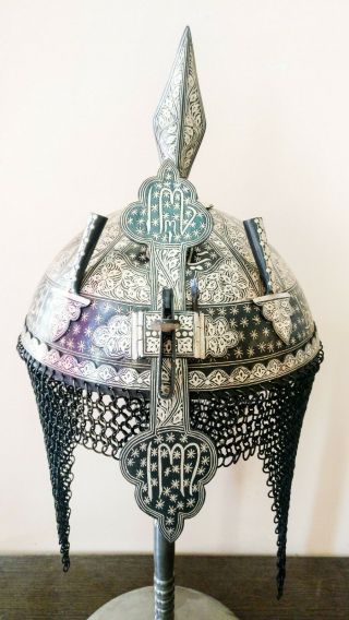Indo Persian Ottoman Mughal Islamic Qazar Silver Kufic Helmet Koftgari Work