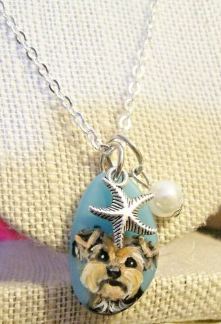 Hand Painted Yorkie On Sea Glass Like Pendant And 22 " Silver Chain