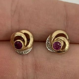 9ct Gold Ruby And Diamond Vintage Stud Earrings