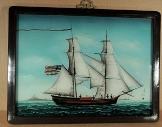 Antique Chinese Export Ship Painting On Glass With Us Flag