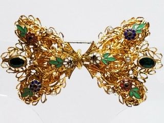 Vintage Czech / Austro Hungarian Gold Tone Filigree Bezel Set Jewel Bow Brooch