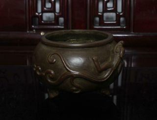 Old Chinese Bronze Incense Burner Xuande Marked Dragon Handle