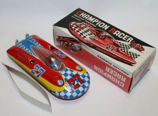 Vintage Tin Friction Haji Champion Racer,  Space Record Car Fiat Abarth W.  Box
