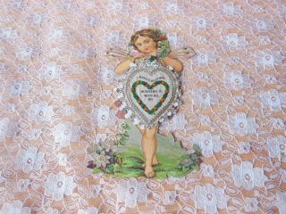 Victorian Christmas Card/cut - Out Figure With Heart - Shaped Card Attached