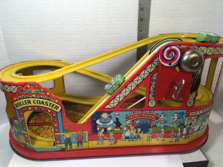 J Chein Wind Up Roller Coaster Tin Toy Circus Boardwalk Litho With 2 Cars