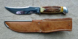 VINTAGE CASE FIXED BLADE HUNTING KNIFE WITH STAG HANDLE AND SHEATH 2