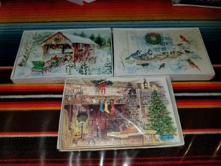 Vtg 72 Red Farm Studio Christmas Eve Fireplace Sleigh Snow Birds Post Notes