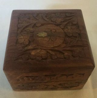 Vintage Small Wooden Carved Trinket Box With Brass Inlay India