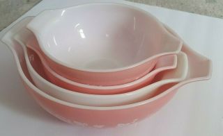 Vintage Pyrex Pink & White Gooseberry Cinderella Mixing Bowls 442 443 444