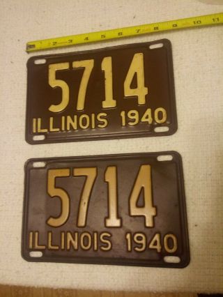 Pair 2 Vintage Matching Illinois 1940 Shorty License Plates Ford Chevy Dodge Car