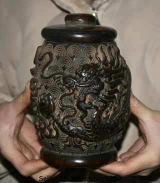 6.  8 " Antique Old China Huanghuali Wood Dynasty Dragon Bead Caddy Pot Jar Crock