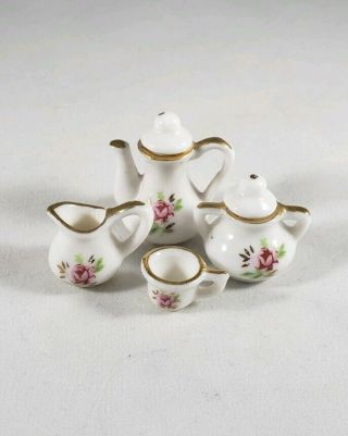 Vintage Miniature Floral Tea Set With Gold Trim 4 Pc
