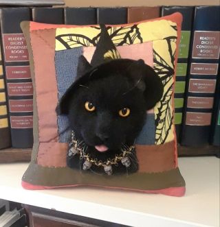 Black Cat In Witches Hat On Antique Quilt Pillow Halloween By Renate 