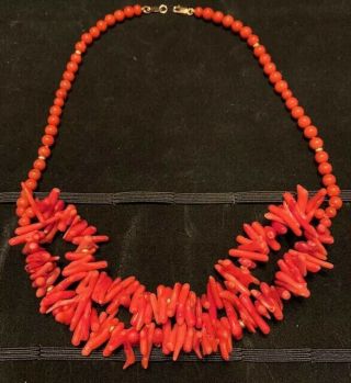 Vtg Designer Signed Zoe B.  Red Coral Bead & Branch Coral Necklace With 14k Gold