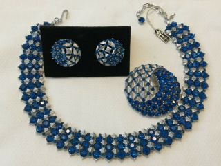 Trifari Royal Blue Rhinestone Necklace Earrings Brooch Set Vintage Runway Bling