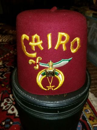 ●vintg Cairo Shriners Fez Hat With Hardshell Case,  Bag & Jeweled Sword Pin 7 3/8