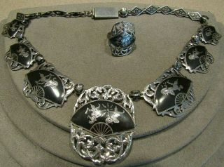 Vintage Sterling Silver Siam Niello Black Enamel Dancer Filigree Necklace Ring