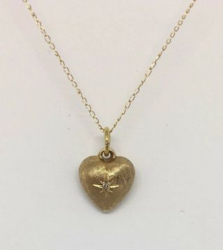 Vintage 14k Gold Diamond Puffy Heart Pendant Charm Florentine Brushed Finish