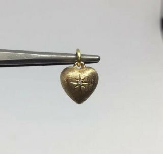 Vintage 14k Gold Diamond Puffy Heart Pendant Charm Florentine Brushed Finish 2