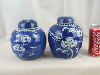 Two Antique Chinese Porcelain Blue And White Prunus Jars & Covers