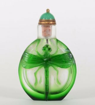 Chinese Snuff Bottle Green Over Clear Glass Dragon Fly Design Made In 19th C.