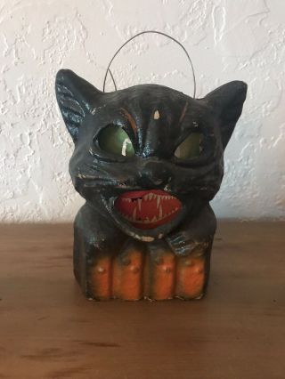 Vintage Halloween Paper Mache Pulp Scary Black Cat Decoration Lantern 8” Tall