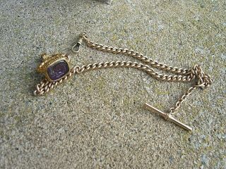 Vintage Victorian Gold Metal Albert Pocket Watch Chain And Intaglio Seal Fob