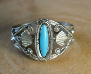 Vintage Navajo Bell Trading Sterling Silver & Turquoise Cuff Bracelet