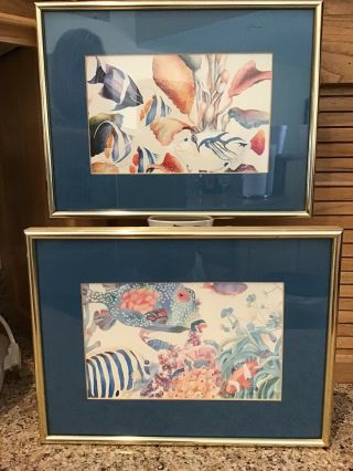 Pair 1991 Signed Watercolors Jeanne Nash Framed Marine Sea Llife Fish Numbered