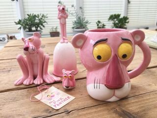 Vintage Pink Panther Ceramic Set Japan Royal Orleans Thimble Bell Mug Figurine
