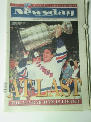 York Rangers Win Stanley Cup Ny Newsday June 15,  1994 Newspaper Mark Messier