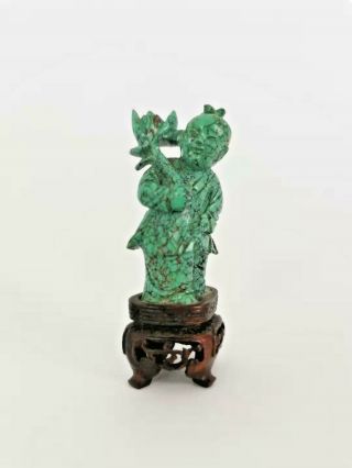 Chinese Turquoise Stone Carving Of A Boy Figure With Stand