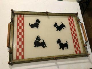 Art Deco Black Scottie Dogs Red Checkered Borders Serving Tray Scottish Terrier