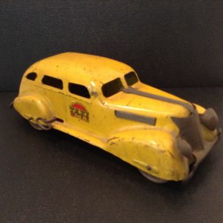 Vintage Louis Marx Yellow Taxi - Tin W/ Wood Wheels & Spare Tire 1930s Windup Car